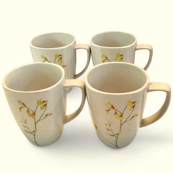Corelle Kobe Porcelain Coffee Cups Yellow Floral Stems • Set Of 4 Mugs - Picture 1 of 7